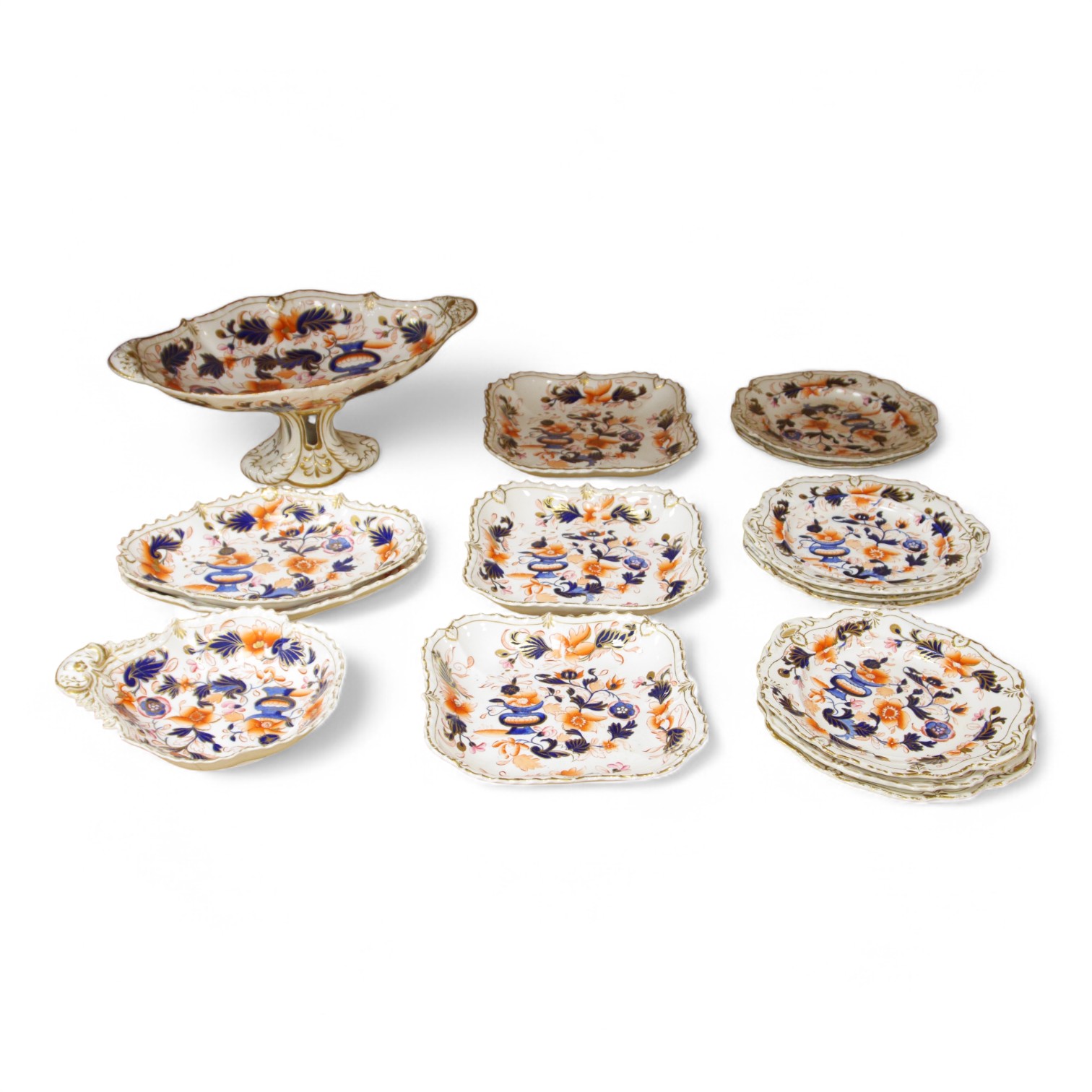 An early 19th century English porcelain Imari pattern part dessert set, possibly Coalport, Condition - fair to good